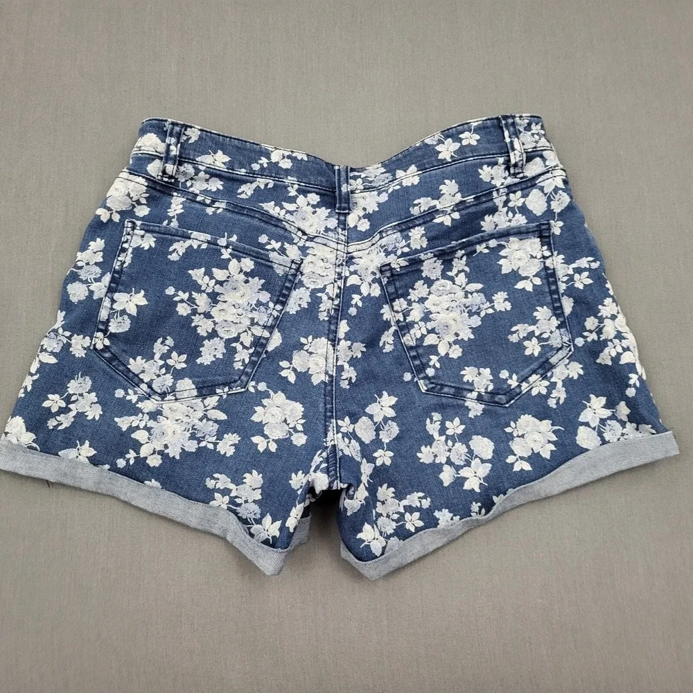New‎ York & Company Womens Blue Floral Denim Cuffed Shorts Sz 6 Mid Rise Stretch